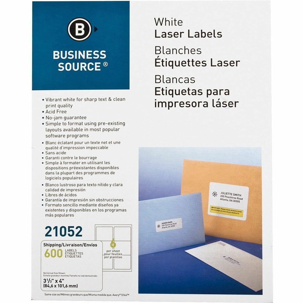 Business Source Bright White Premium-quality Address Labels - 3 1/3in Width x 4in Length - Permanent Adhesive - Rectangle - Laser, Inkjet - White - 6 / Sheet - 100 Total Sheets - 600 / Pack - Jam-free