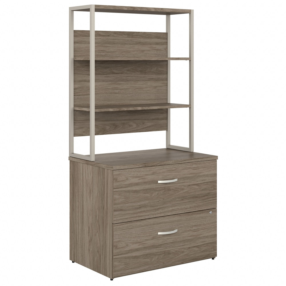 Bush Business Furniture Hybrid 35-11/16inW x 23-3/8inD Lateral 2-Drawer File Cabinet With Shelves, Modern Hickory, Standard Delivery