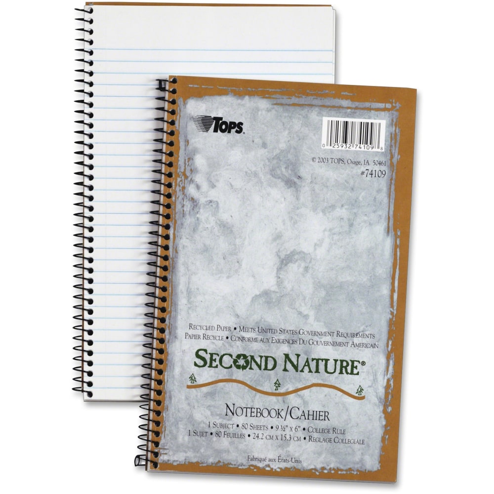 TOPS Second Nature 100% Recycled Perforated Notebook, 6in x 9 1/2in, 1 Subject, College Ruled, 40 Sheets, White