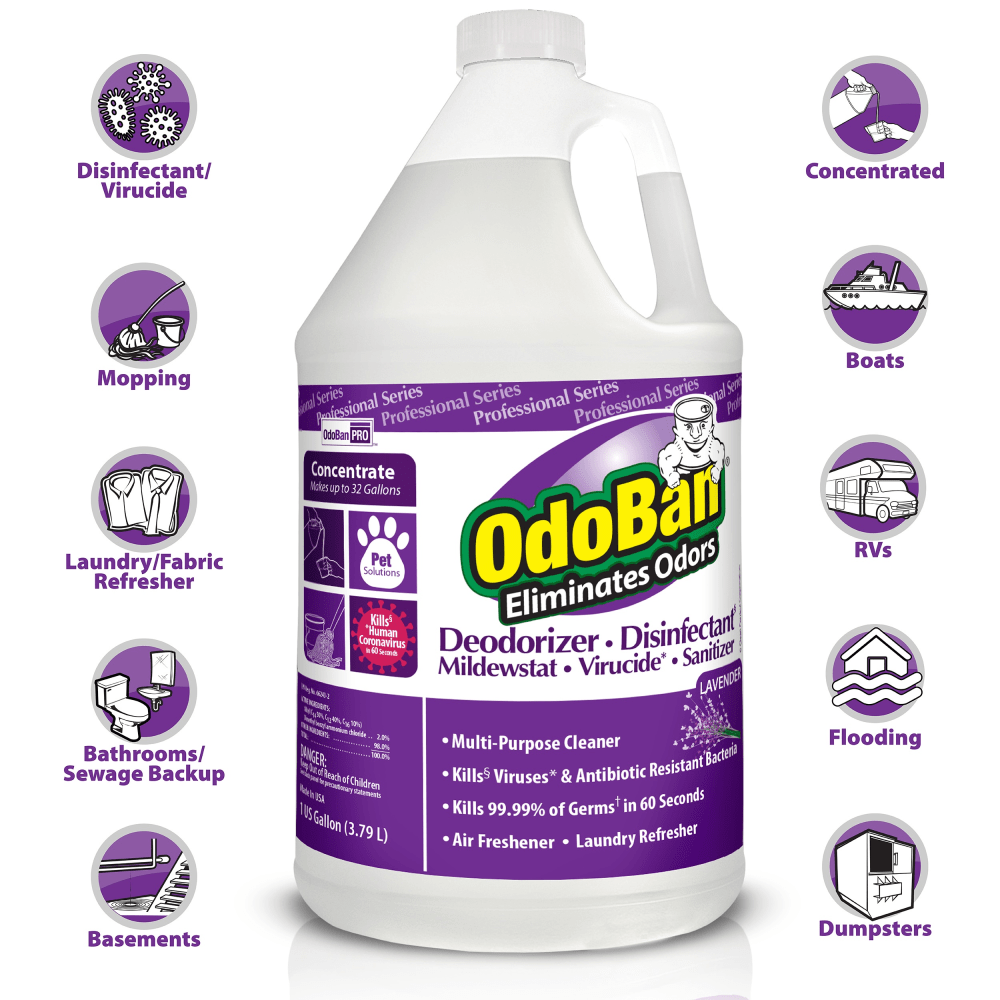 OdoBan Professional Disinfectant And Odor Eliminator Concentrate, Lavender Scent, 1 Gallon, Pack Of 2 Jugs