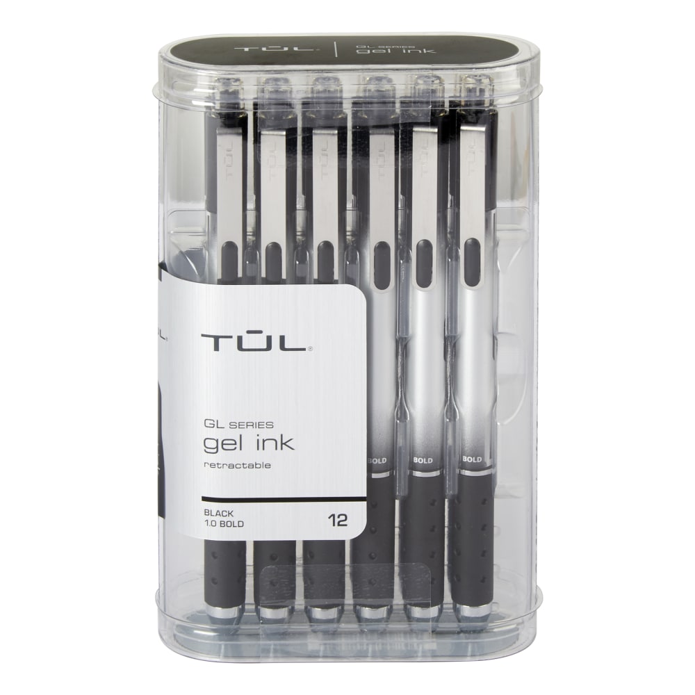 TUL GL SeriesRetractable Gel Pens, Bold Point, 1.0 mm, Silver Barrel, Black Ink, Pack Of 12 Pens