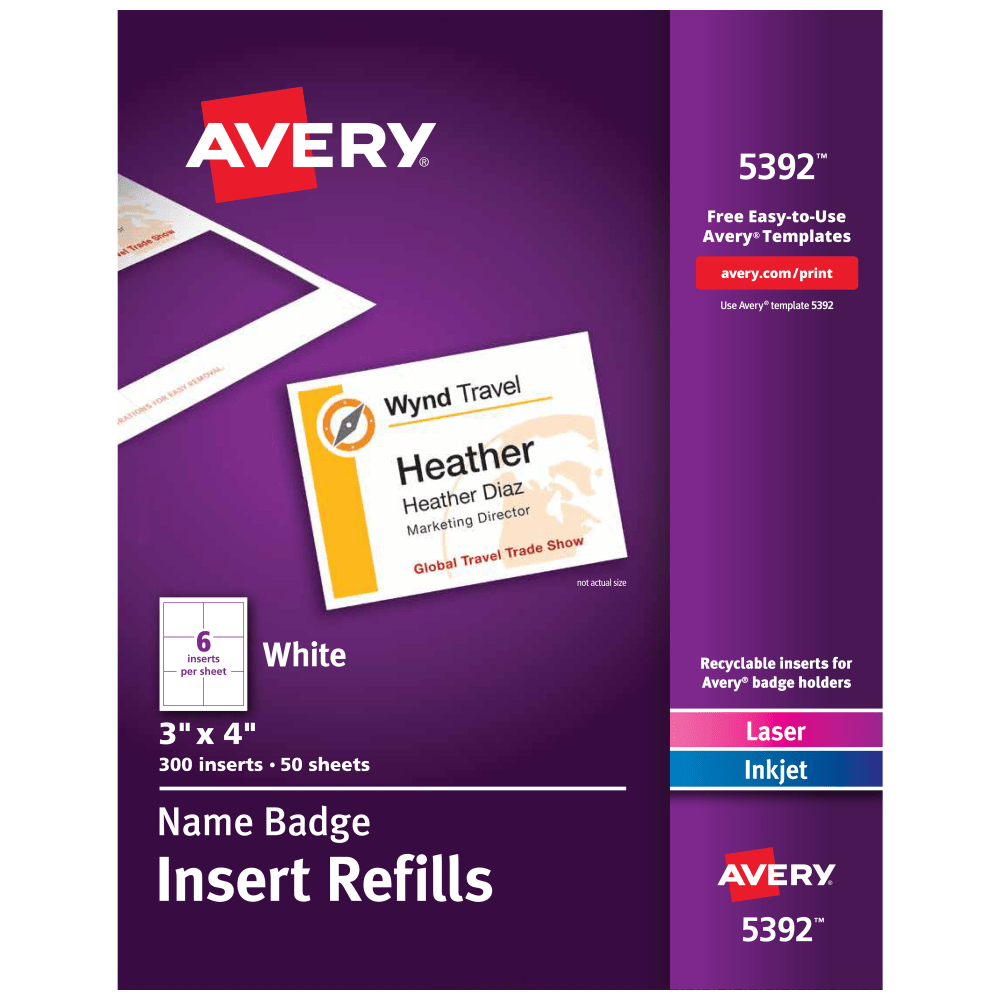 Avery Laser Name Badge Inserts, 3in x 4in, Box Of 300