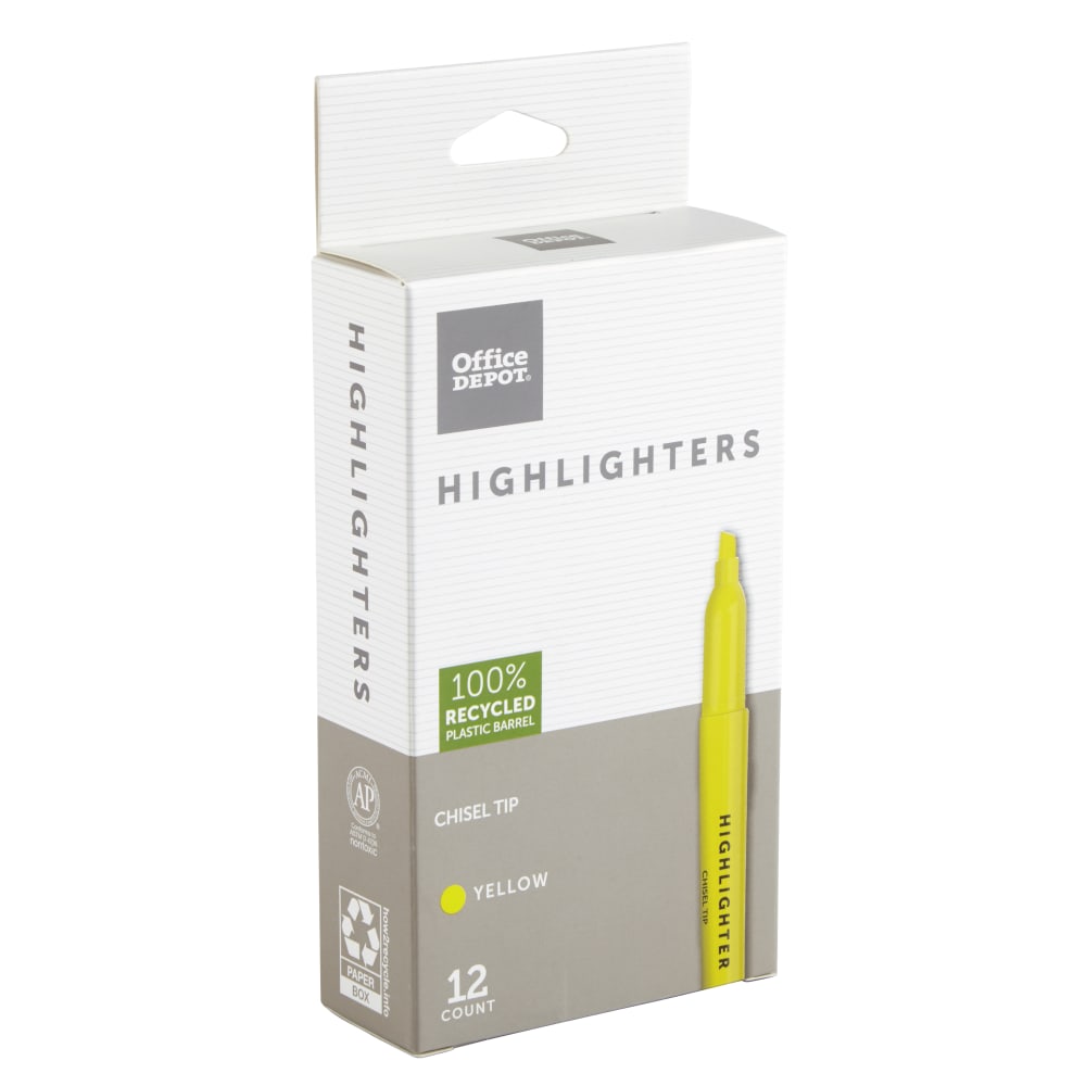 Office Depot Brand Pen-Style Highlighters, 100% Recycled Plastic Barrel, Fluorescent Yellow, Pack Of 12