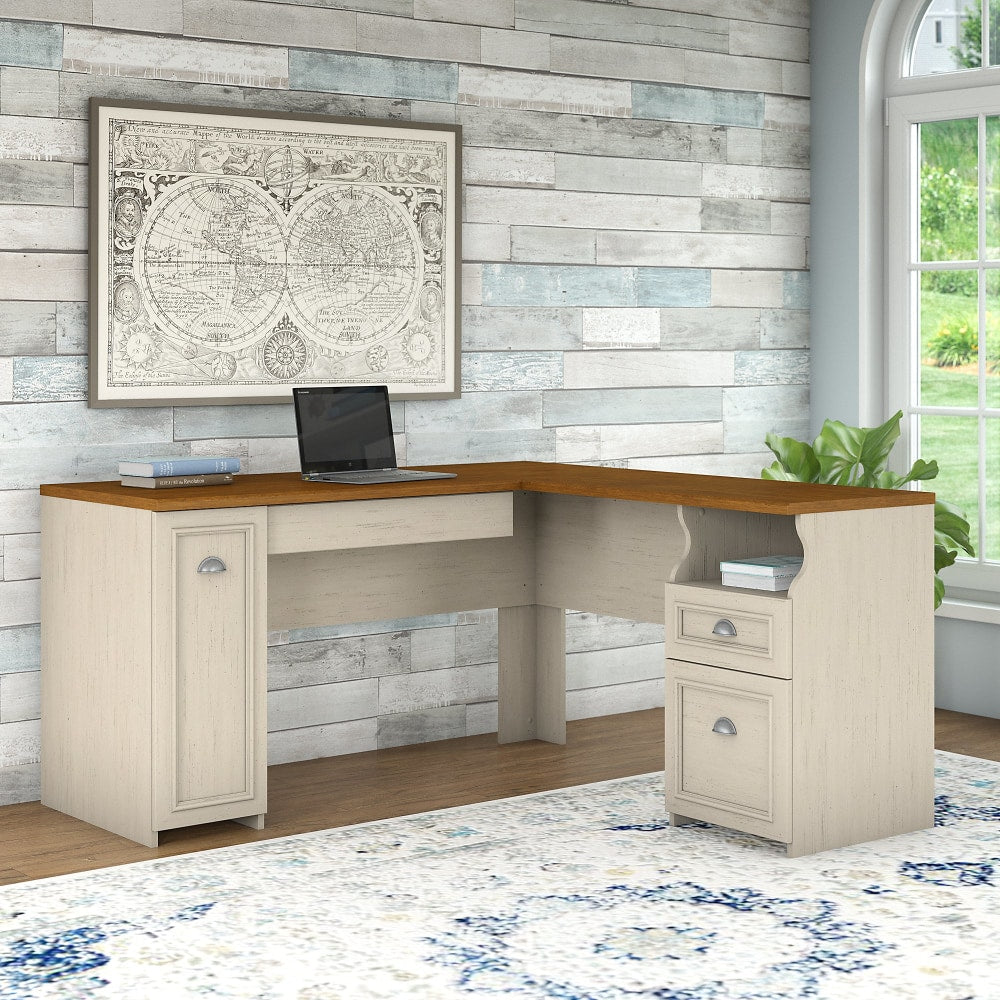 Bush Business Furniture Fairview 60inW L-Shaped Corner Desk, Antique White/Tea Maple, Standard Delivery