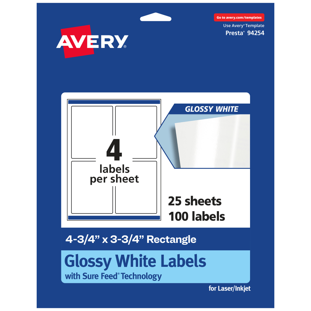 Avery Glossy Permanent Labels With Sure Feed, 94254-WGP25, Rectangle, 4-3/4in x 3-3/4in, White, Pack Of 100