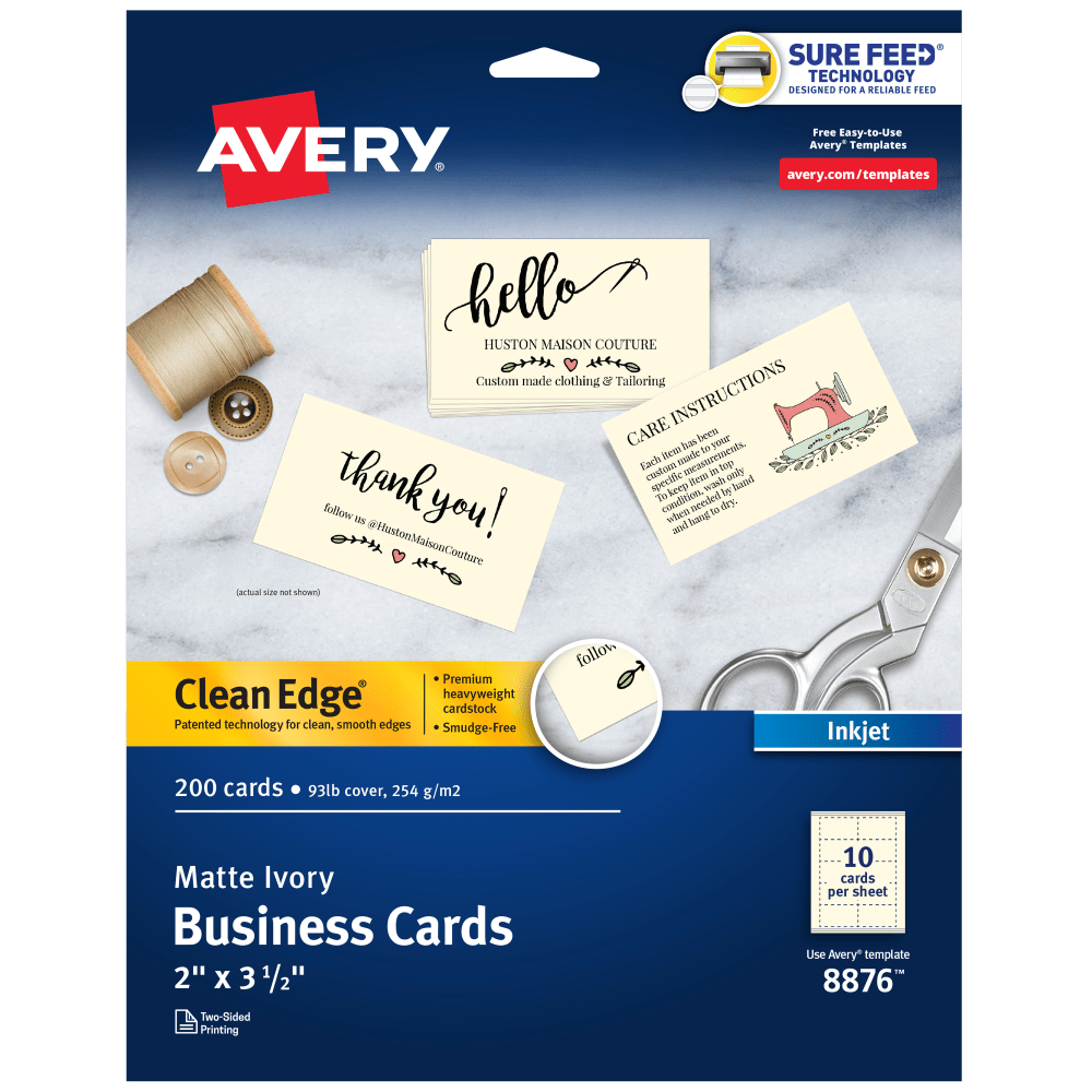 Avery Clean Edge Printable Business Cards With Sure Feed Technology For Inkjet Printers, 2in x 3.5in, Ivory, 200 Blank Cards