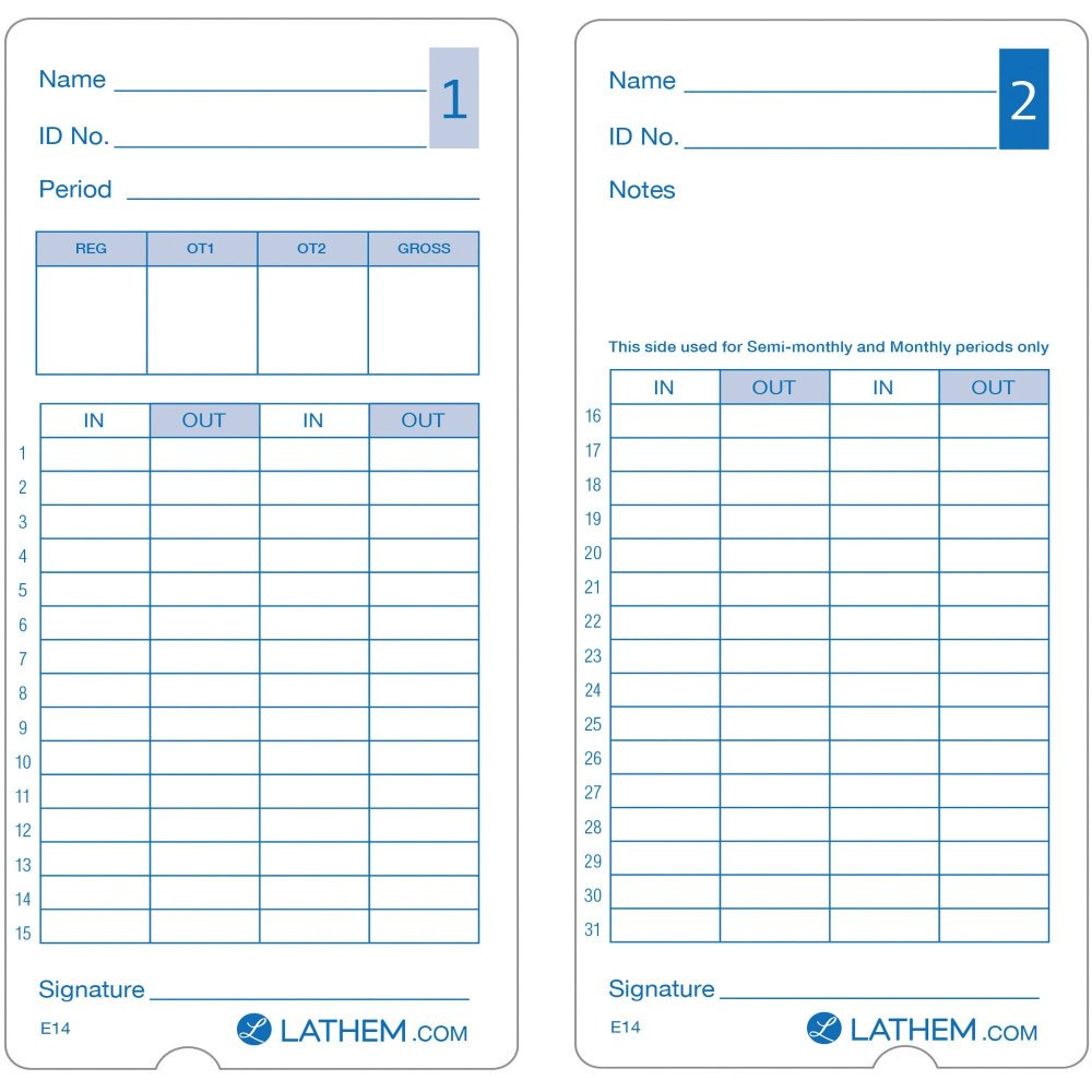 Lathem Model 400E Double Sided Time Cards - Double Sided Sheet - Blue Print Color - 100 / Pack