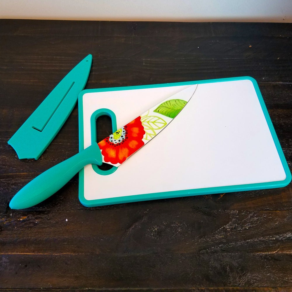 Gibson Studio California Jordana 3-Piece Cutlery Knife And Cutting Board Set, Turquoise Floral Pattern