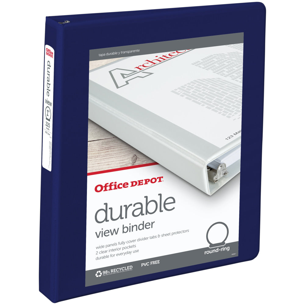 Office Depot Brand Durable View 3-Ring Binder, 1in Round Rings, Blue