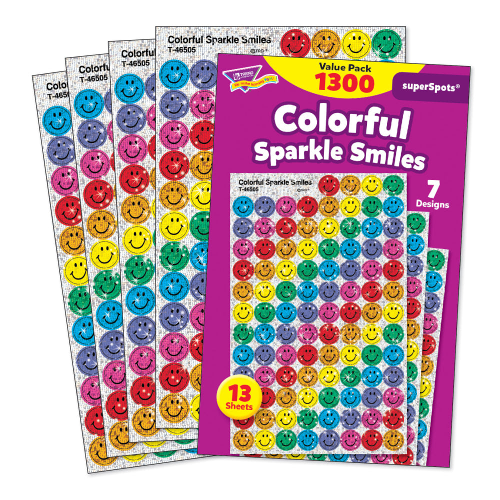 Trend SuperSpots Stickers, Colorful Sparkle Smiles, 1,300 Stickers Per Pack, Set Of 3 Packs