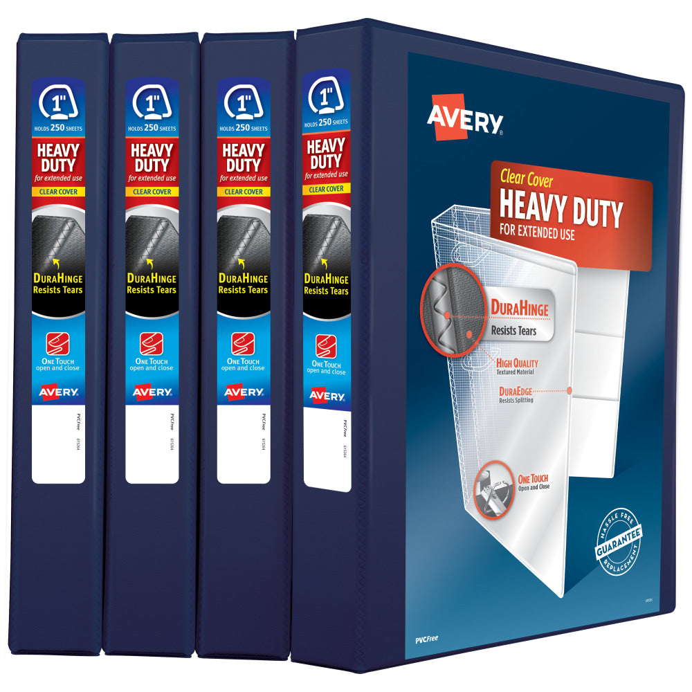 Avery Heavy-Duty View 3 Ring Binders, 1in One Touch Slant Rings, Navy Blue, Pack Of 4