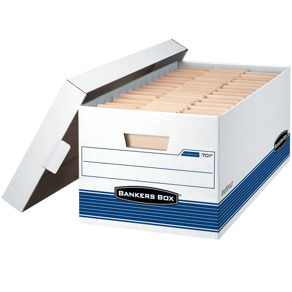 Bankers Box Stor/File Medium-Duty Storage Boxes With Locking Lift-Off Lids And Built-In Handles, Legal Size, 24in x 15in x 10in, 60% Recycled, White/Blue, Case Of 4