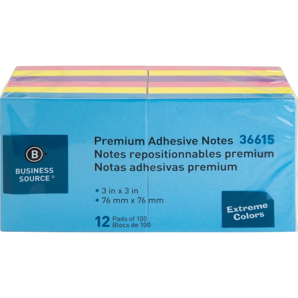 Business Source 3x3 Extreme Colors Adhesive Notes - 100 - 3in x 3in - Square - Assorted - Repositionable, Solvent-free Adhesive - 12 / Pack