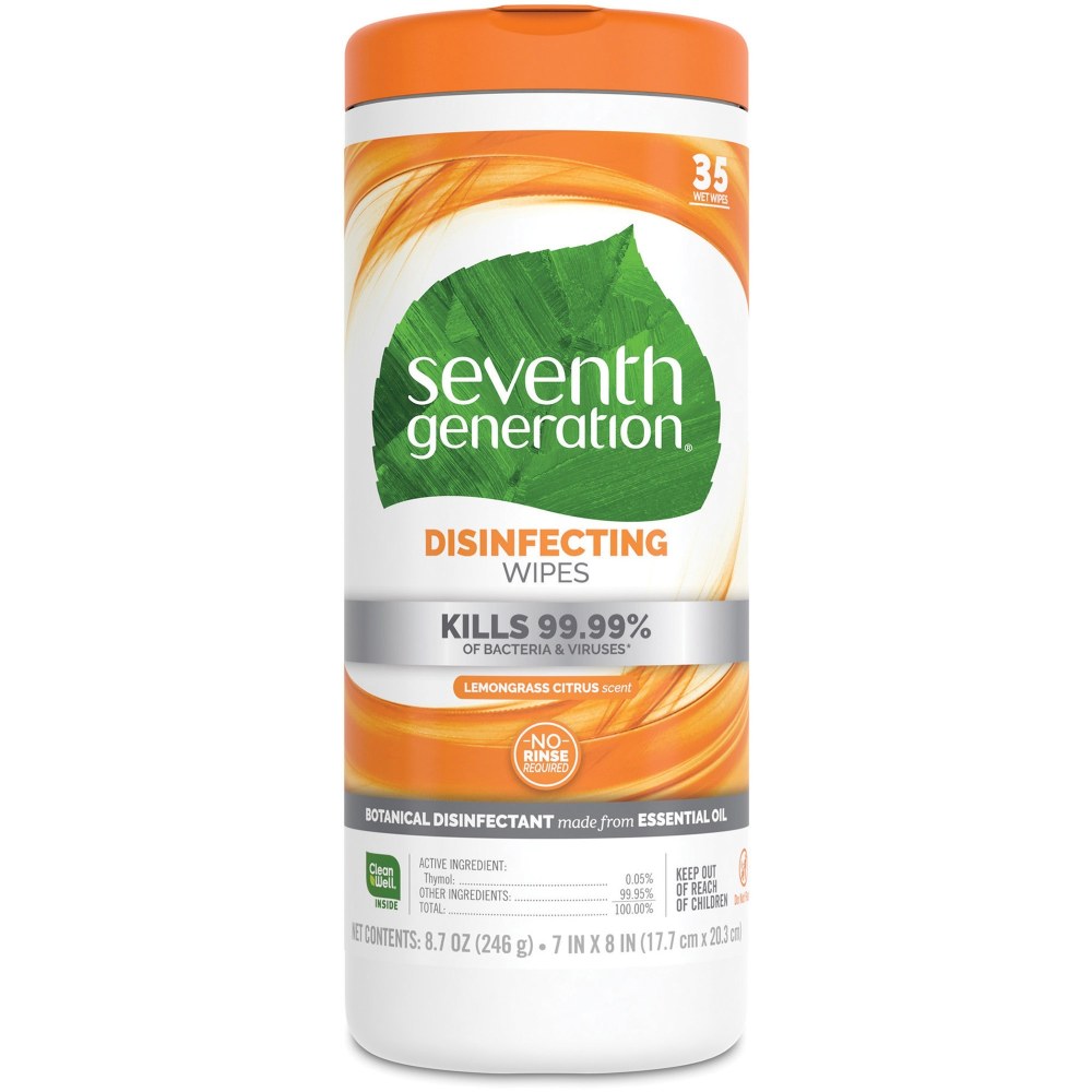 Seventh Generation Disinfecting Cleaner - Wipe - Lemongrass Citrus Scent - 7in Width x 8in Length - 35 / Canister - 12 / Carton