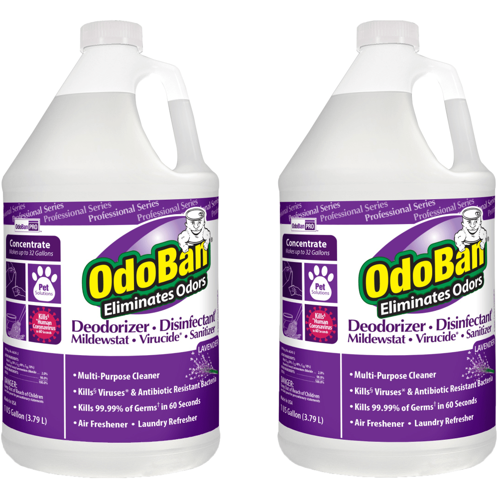 OdoBan Professional Disinfectant And Odor Eliminator Concentrate, Lavender Scent, 1 Gallon, Pack Of 2 Jugs