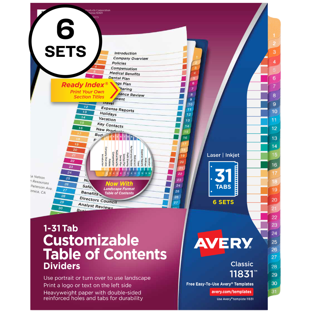 Avery Ready Index Binder Dividers, Customizable Table Of Contents, 31 Tab, Multicolor, Set Of 6 Sets