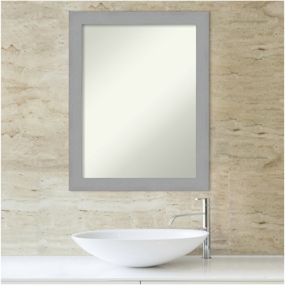 Amanti Art Non-Beveled Rectangle Framed Bathroom Wall Mirror, 27-1/2in x 21-1/2in, Brushed Nickel