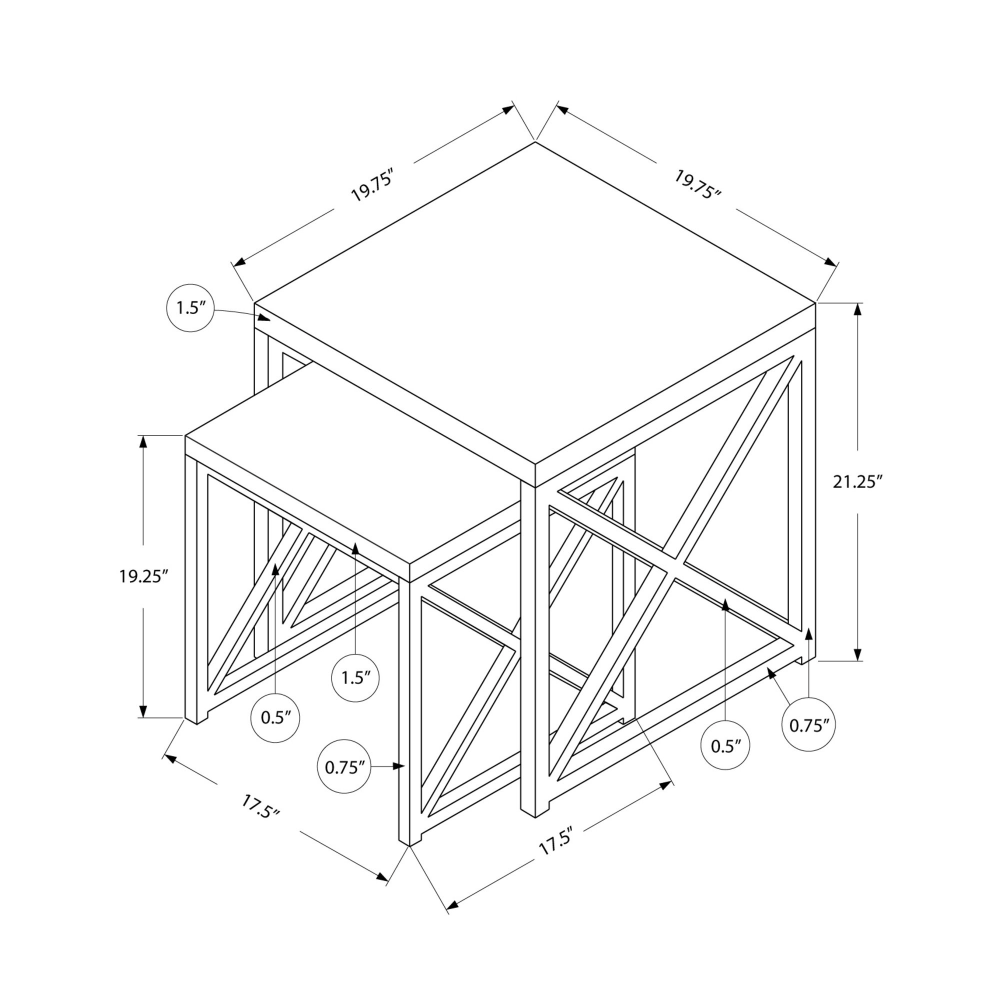 Monarch Specialties 2-Piece Nesting Table Set With Criss-Cross Legs, Square, Dark Taupe/Silver