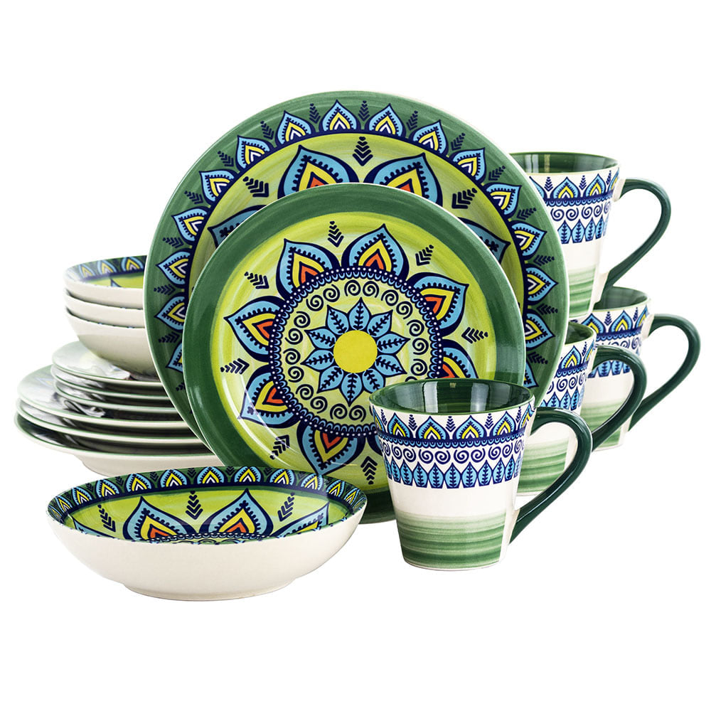 Elama 16-Piece Stoneware Dinnerware Set, Green Mozaik