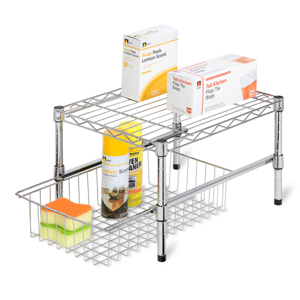 Honey-Can-Do Adjustable Cabinet Organizer With Shelf And Basket, 11inH x 14 3/4inW x 17 3/4inD, Chrome