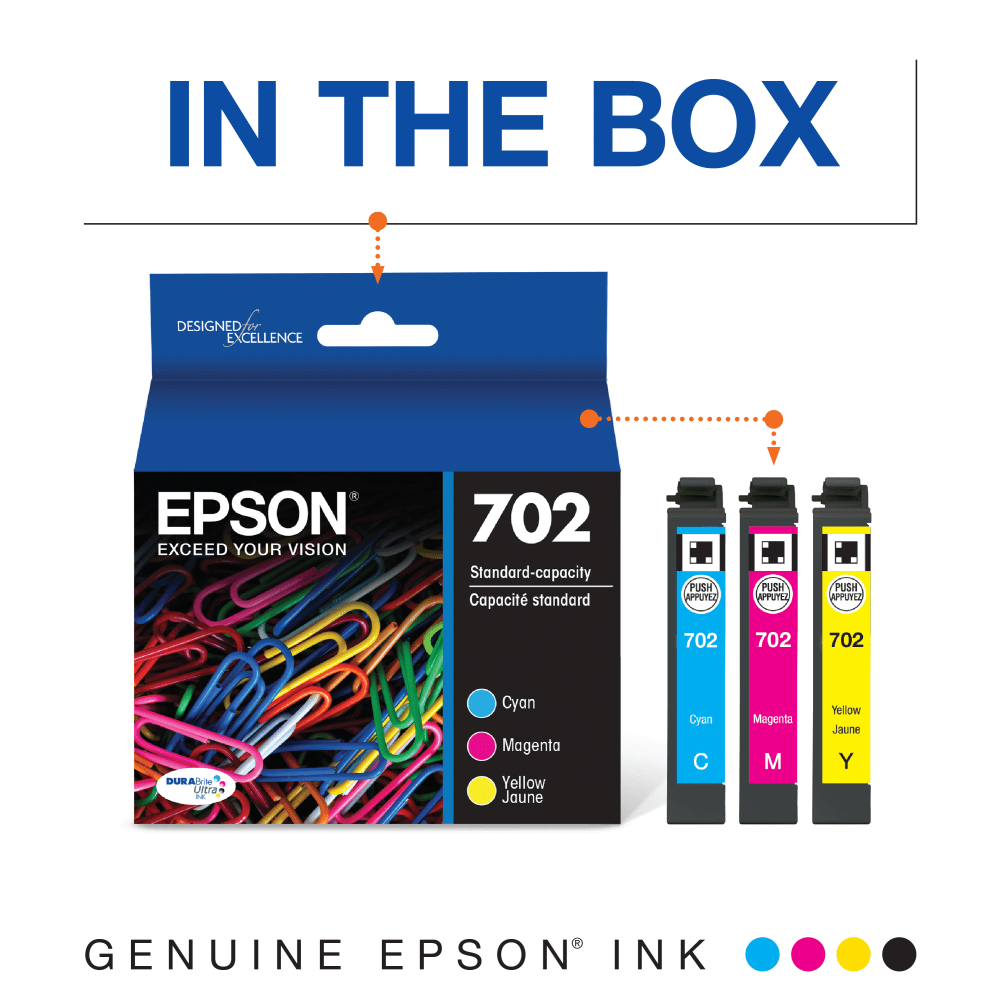 Epson 702 DuraBrite Ultra Cyan, Magenta, Yellow Ink Cartridges, Pack Of 3, T702520-S