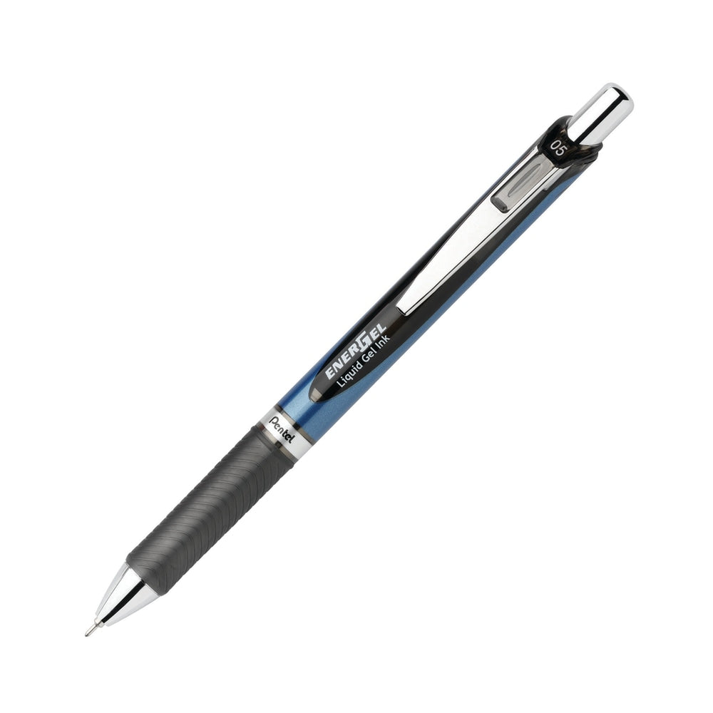 Pentel EnerGel Deluxe RTX Retractable Liquid Gel Pens, Fine Point, 0.5 mm, 54% Recycled, Blue Barrel, Black Ink, Pack Of 12 Pens