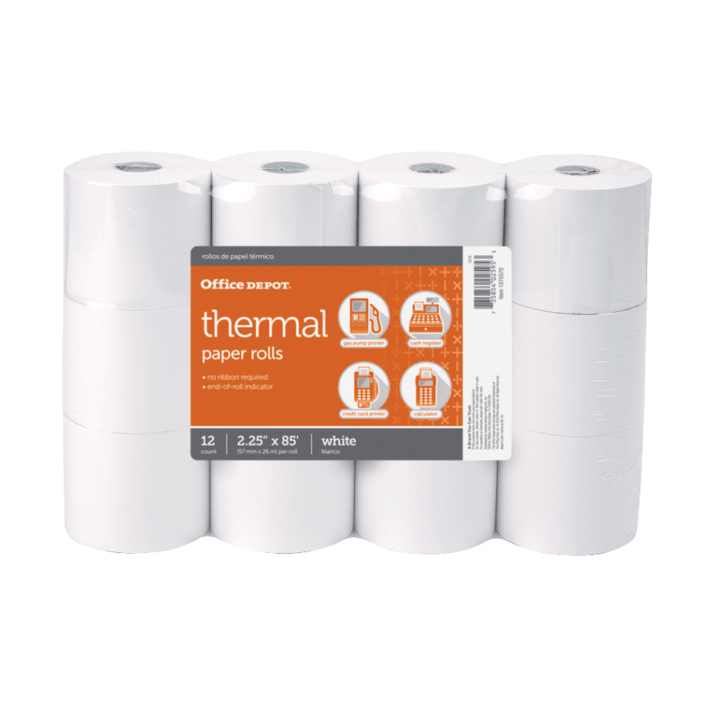 Office Depot Brand Thermal Paper Rolls, 2-1/4in x 85ft, White, Pack of 12