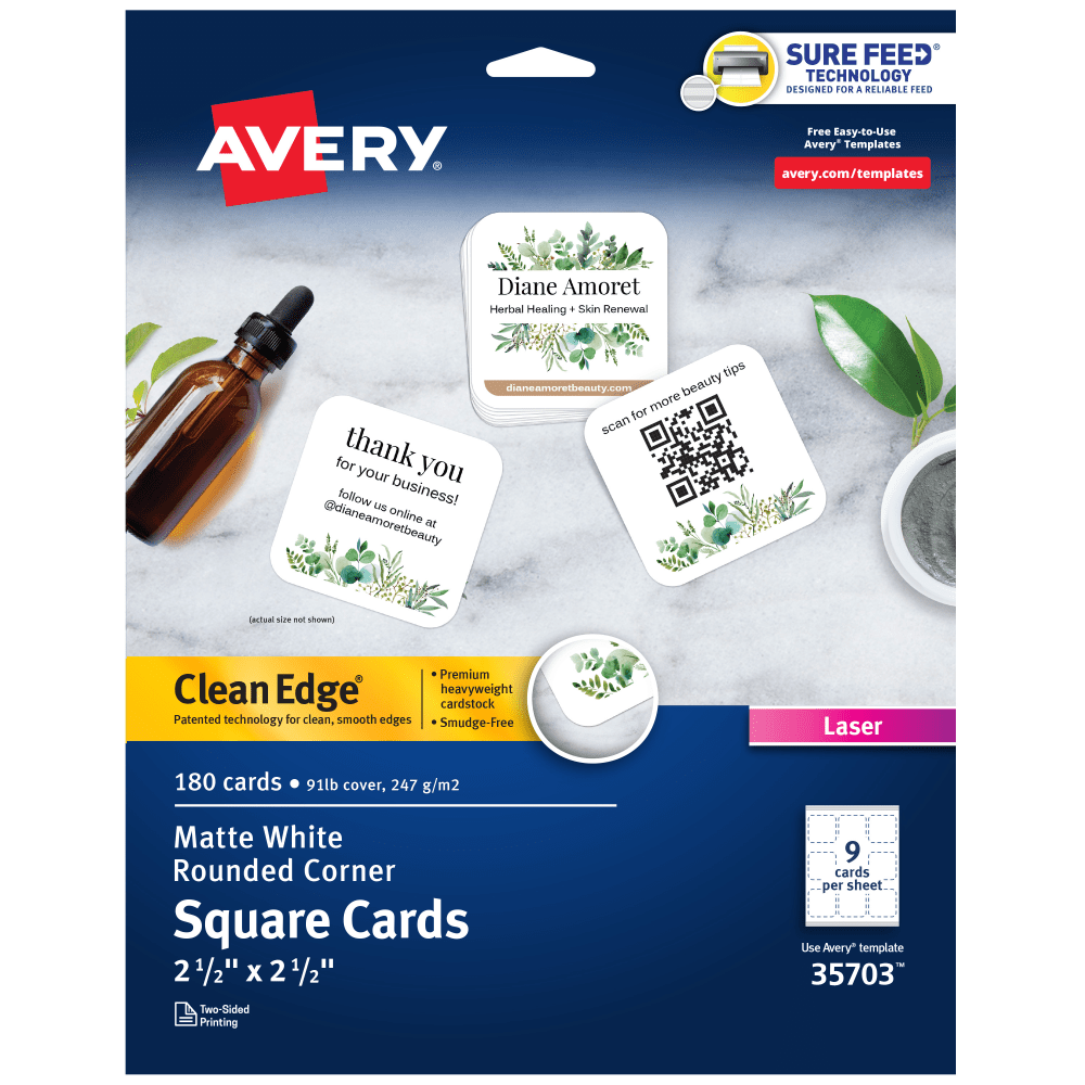 Avery Clean Edge Printable Square Cards With Sure Feed Technology & Rounded Corners, 2.5in x 2.5in, White, 180 Blank Cards For Laser Printers