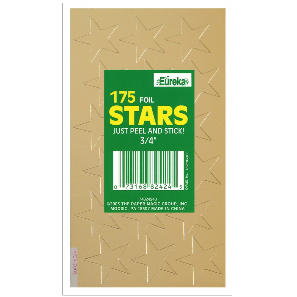 Eureka Presto-Stick Foil Star Stickers, 3/4in, Gold, 175 Stickers Per Pack, Set Of 12 Packs