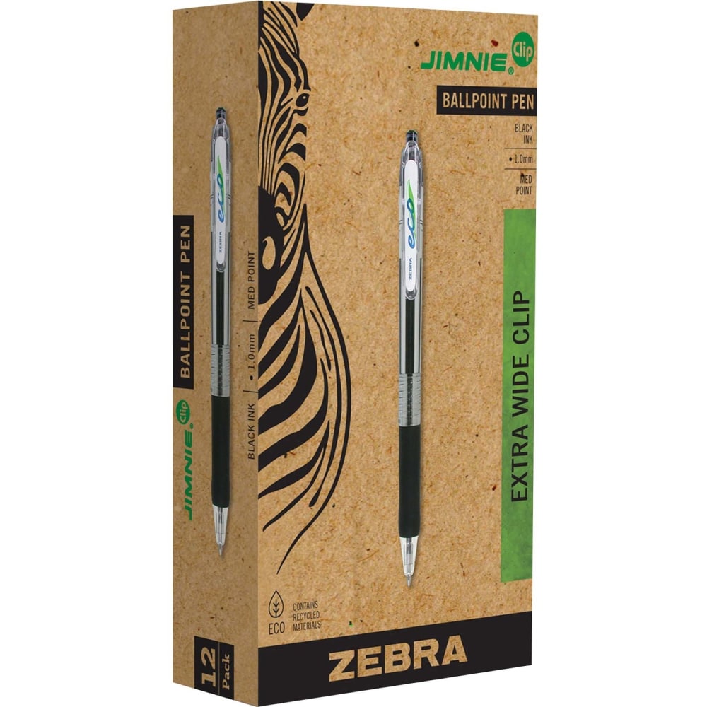 Zebra Pen Eco Jimnie Clip Retractable Ballpoint Pens, Pack Of 12, Medium Point, 1.0 mm, Black Barrel, Black Ink