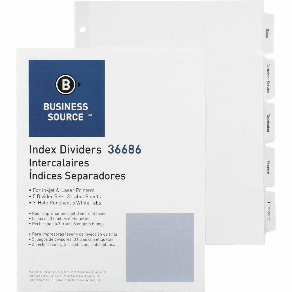 Business Source Punched Tabbed Laser Index Dividers - 5 Blank Tab(s) - 11in Divider Width - 3 Hole Punched - White Paper Divider - White Tab(s) - Recycled - Mylar Reinforcement, Reinforced, Punched - 5 / Pack