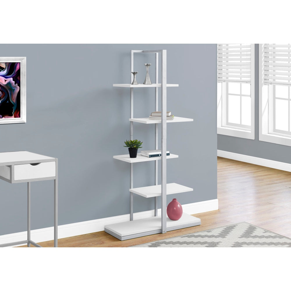 Monarch Specialties 60inH 5-Shelf Zigzag Metal Bookcase, White/Silver