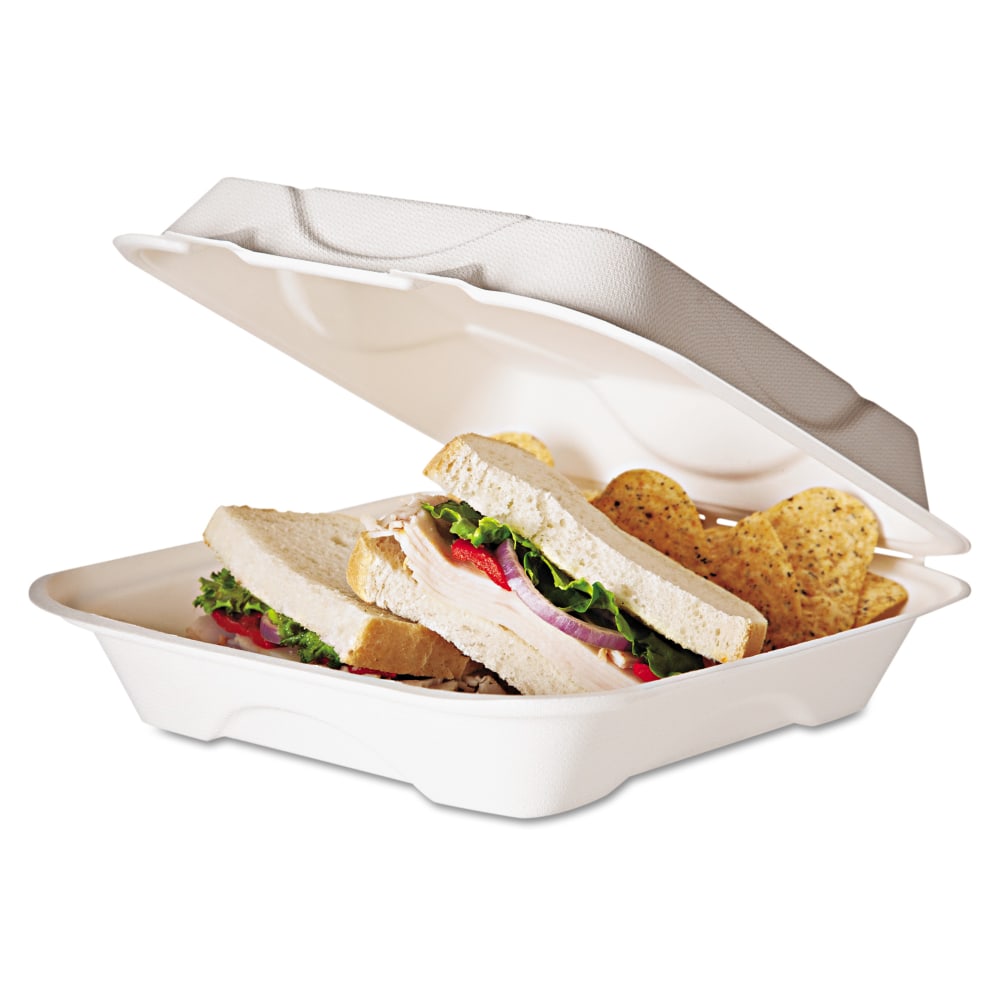 Eco-Products Bagasse Hinged Clamshell Carryout Containers, 3in x 9in x 9in, White, Case Of 200