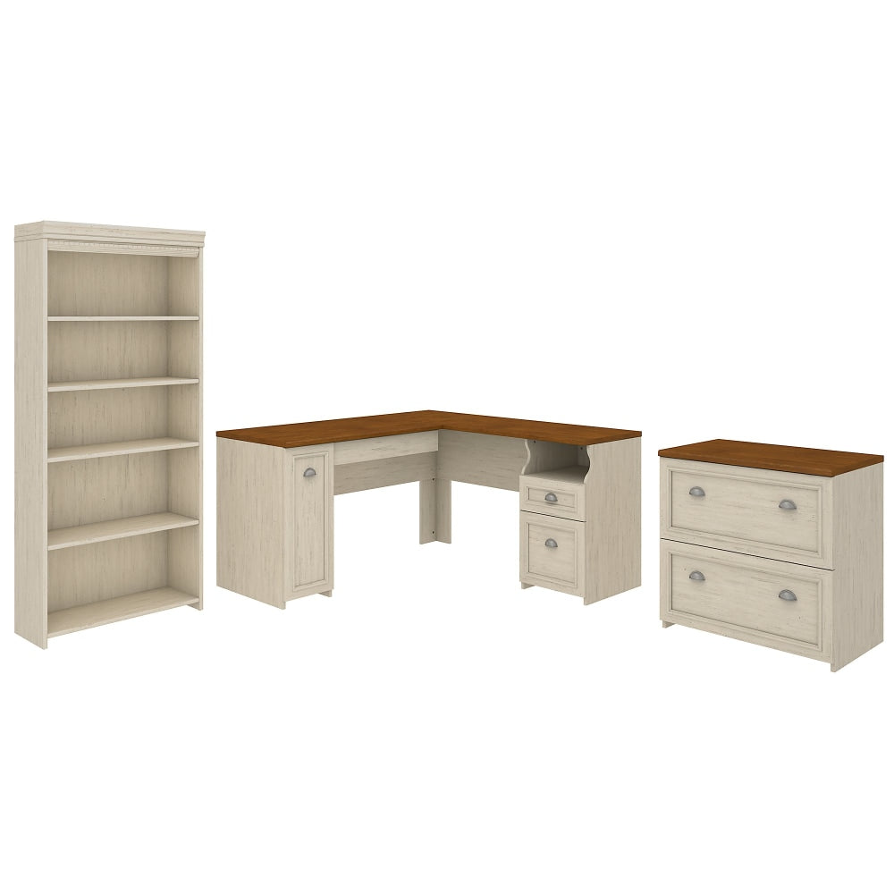 Bush Business Furniture Fairview 60inW L-Shaped Corner Desk With Lateral File Cabinet And 5-Shelf Bookcase, Antique White, Standard Delivery