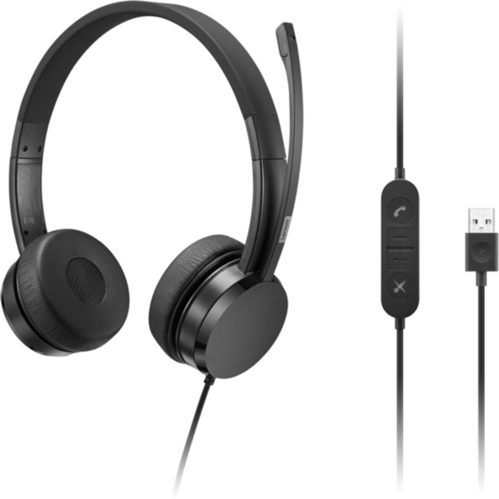 Lenovo USB-A Wired Stereo On-Ear Headset (with Control Box) - Stereo - USB Type A - Wired - 32 Ohm - 20 Hz - 20 kHz - On-ear, Over-the-head - Binaural - 5.91 ft Cable - Uni-directional Microphone - Black