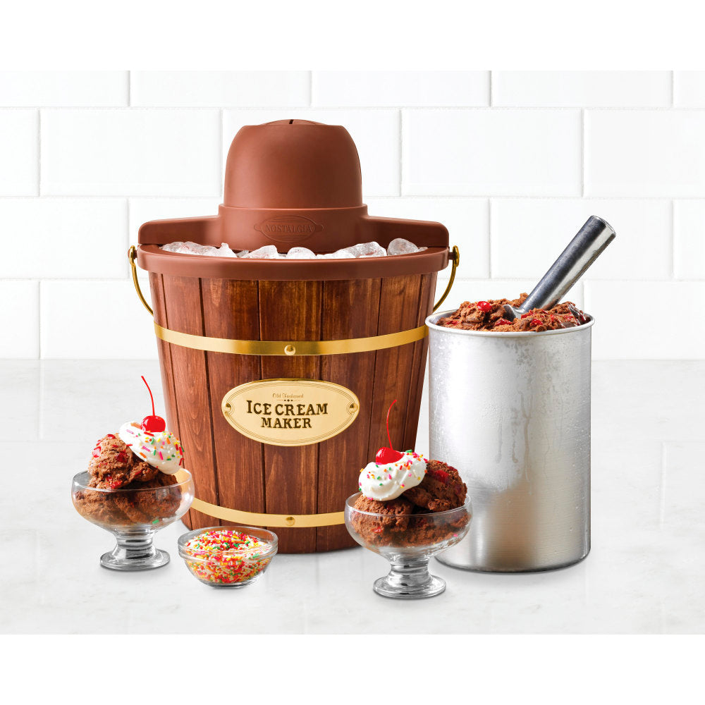 Nostalgia 4-Quart Wood Bucket Ice Cream Maker, Brown