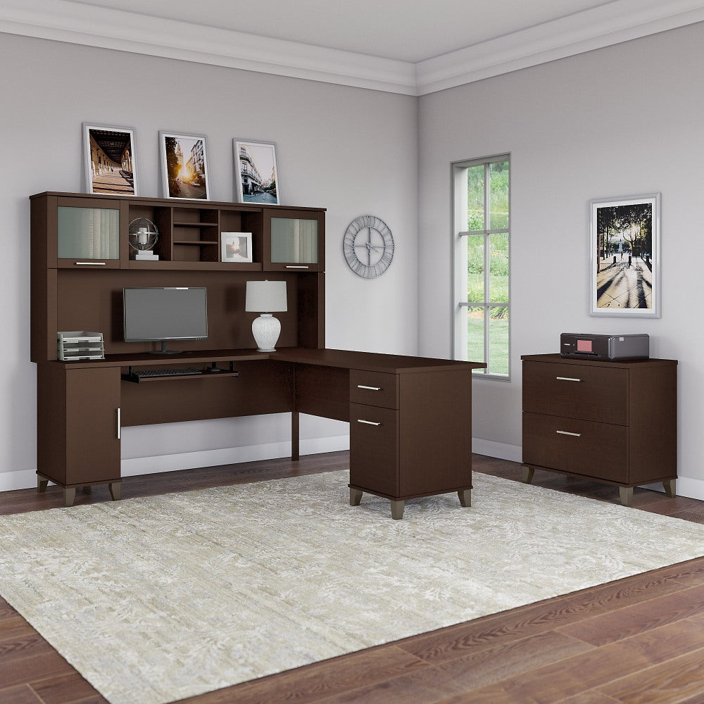 Bush Furniture Somerset L Shaped Desk With Hutch And Lateral File Cabinet, 72inW, Mocha Cherry, Standard Delivery