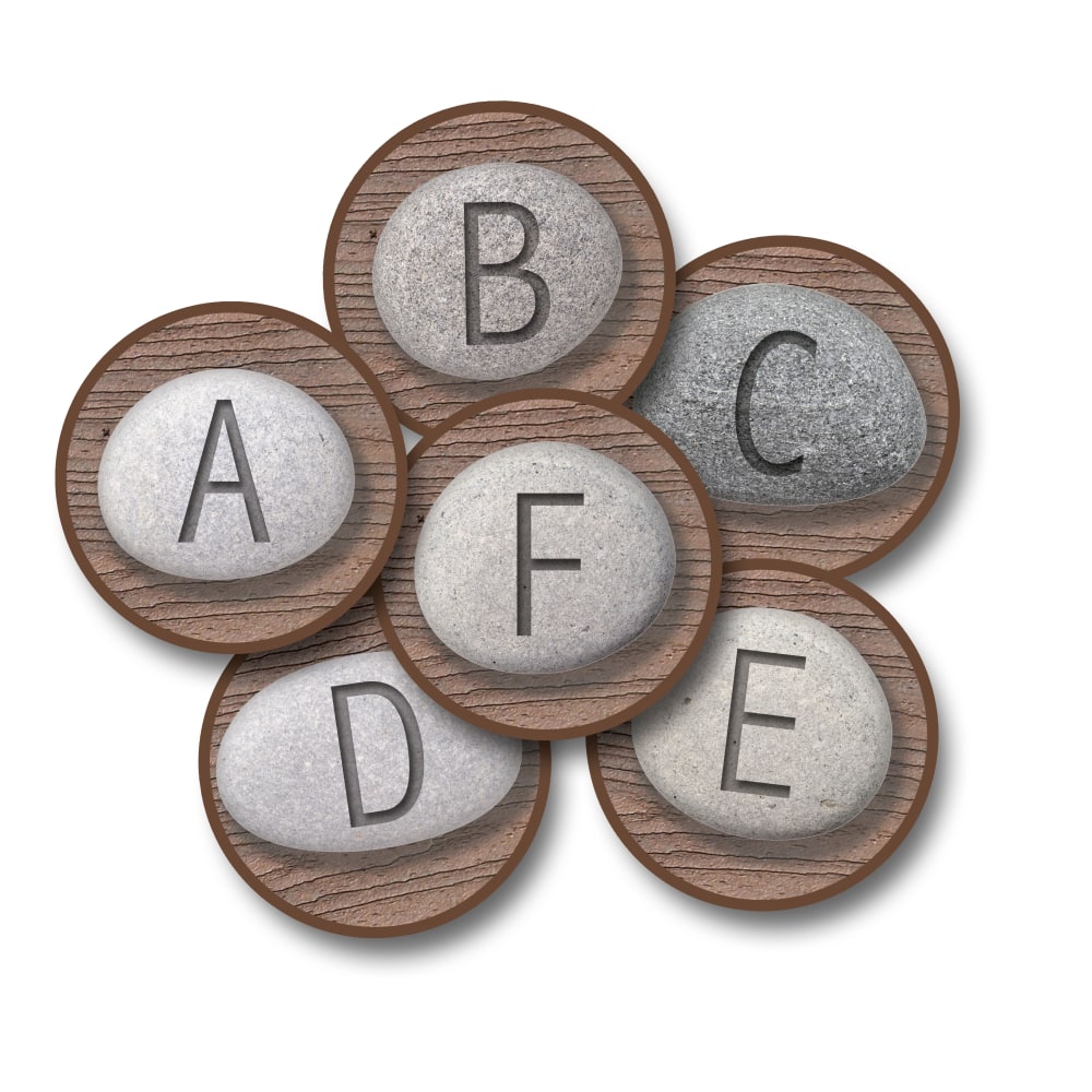 Carpets for Kids Pixel Perfect Collection Alphabet Stones Seating Set of 26 Rounds, 12in x 12in, Brown