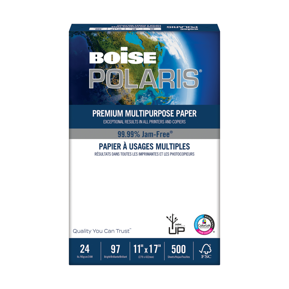 Boise POLARIS Premium Multi-Use Printer & Copy Paper, White, Ledger (11in x 17in), 500 Sheets Per Ream, 24 Lb, 92 Brightness, FSC Certified