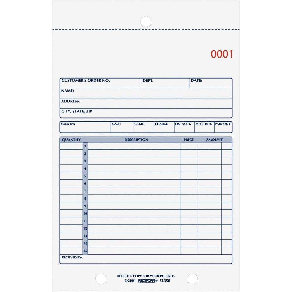 Rediform 3-Part Carbonless Sales Form - 50 Sheet(s) - Stapled - 3 PartCarbonless Copy - 5 1/2in x 7 7/8in Sheet Size - 2 x Holes - White, Yellow, Pink Sheet(s) - Blue Print Color - 1 Each