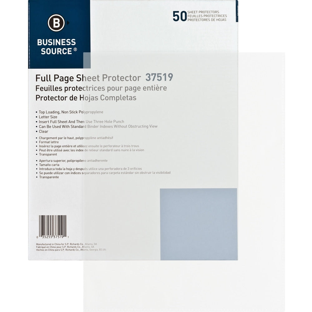 Business Source Full Sheet Top Load Poly Sheet Protectors - 3.1 mil Thickness - For Letter 8 1/2in x 11in Sheet - Rectangular - Clear - Polypropylene - 50 / Box