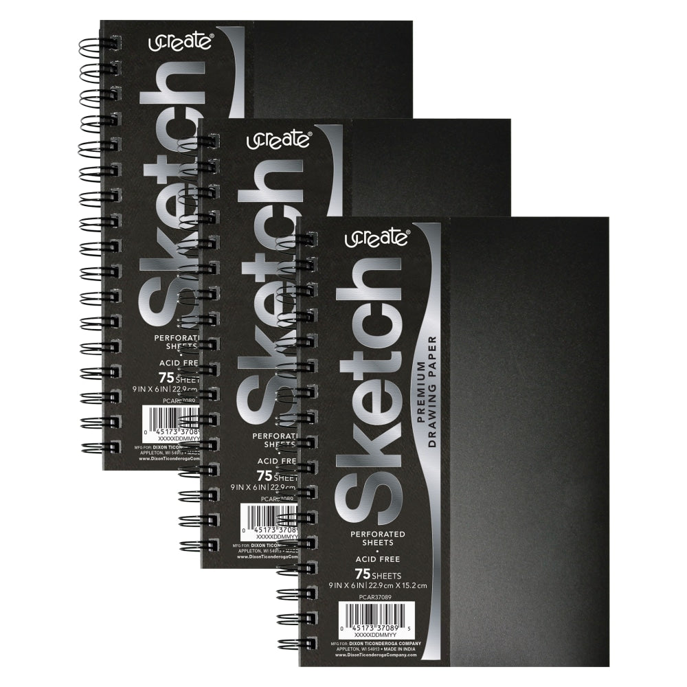 Pacon UCreate Poly Cover Sketch Books, 6in x 9in, 75 Sheets, Black, Pack Of 3 Books