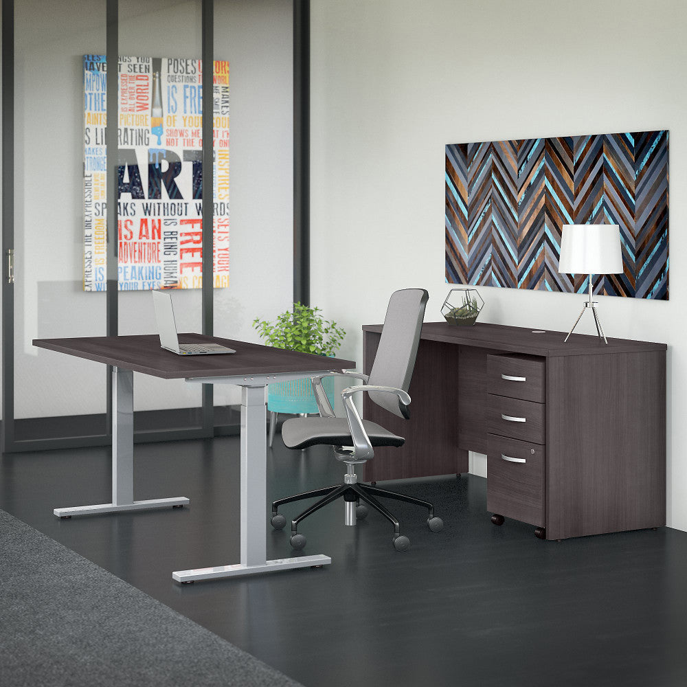 Bush Business Furniture Studio C Electric 60inW x 30inD Height Adjustable Standing Desk, Credenza and One Mobile File Cabinet, Storm Gray, Standard Delivery