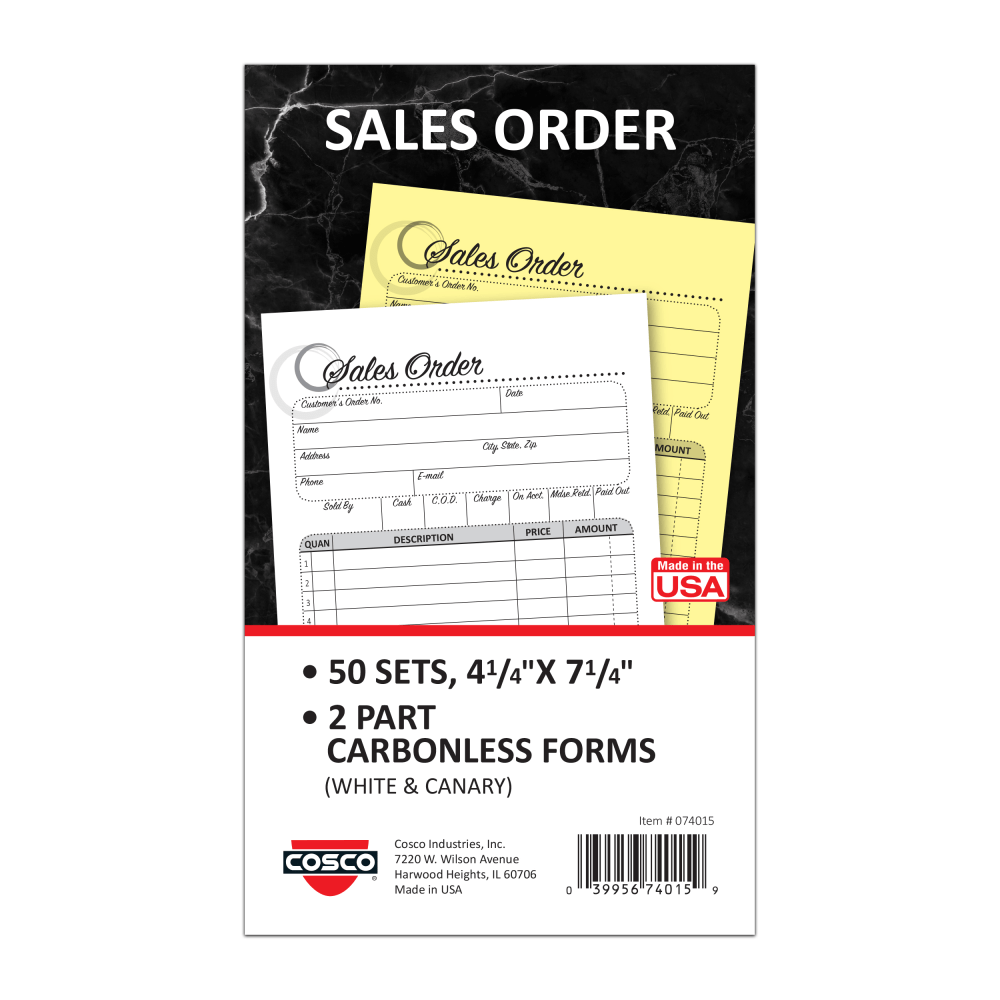 COSCO Sales Order Form Book With Slip, 2-Part Carbonless, 4-1/4in x 7-1/4in, Artistic, 50 Sets