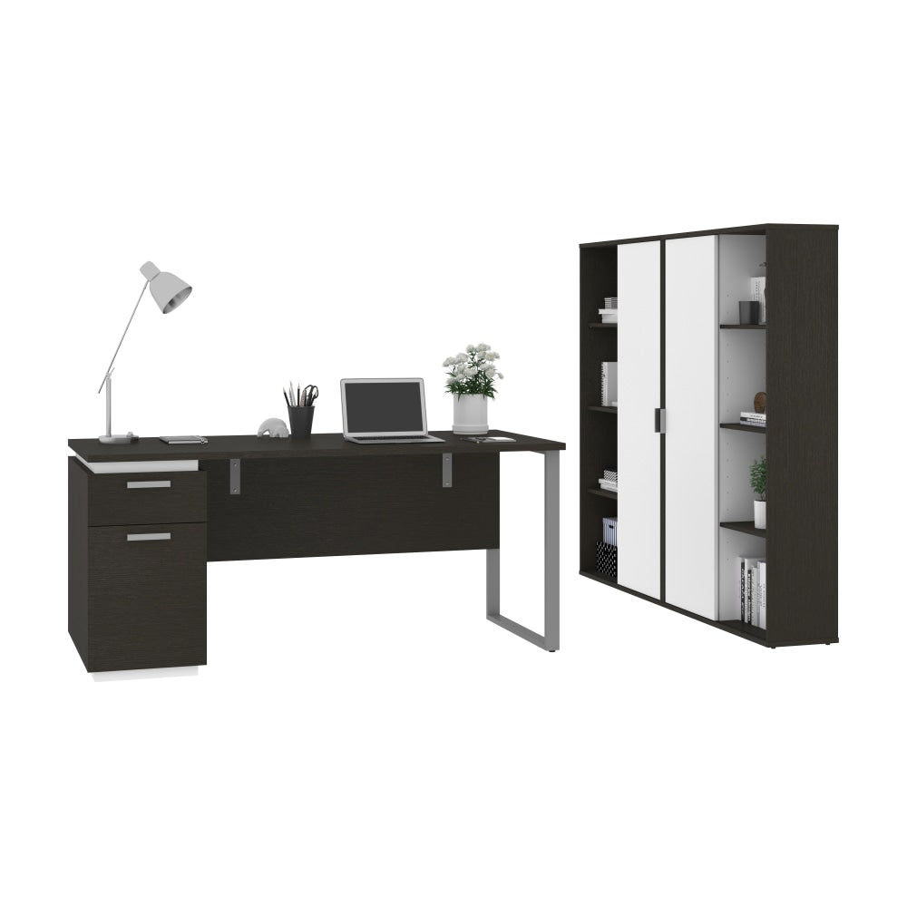 Bestar Aquarius 66inW Computer Desk With Single Pedestal And 2 Storage Cabinets, Deep Gray/White