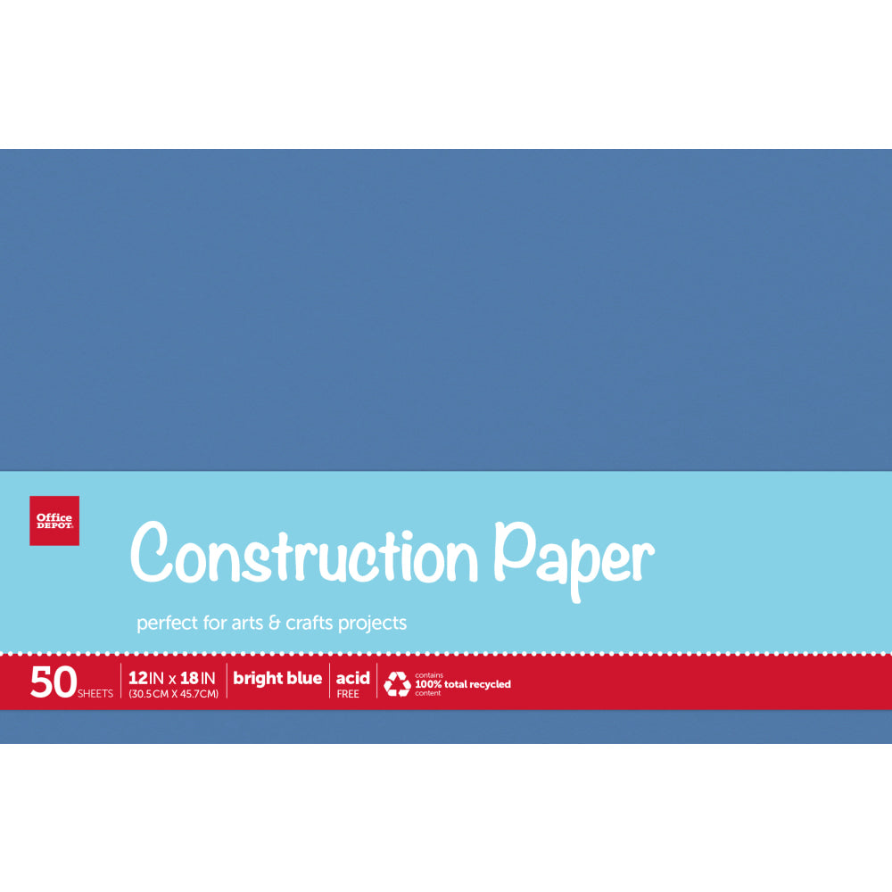 Office Depot Brand Construction Paper, 12in x 18in, 100% Recycled, Bright Blue, Pack Of 50 Sheets