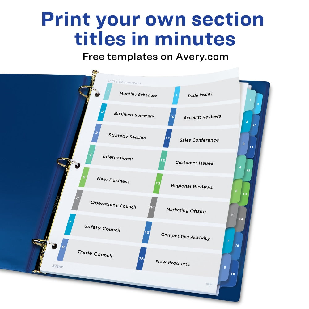 Avery Ready Index 1-16 Tab Double Column Binder Dividers With Customizable Table Of Contents, 8-1/2in x 11in, 16 Tab, White/Multicolor, 1 Set