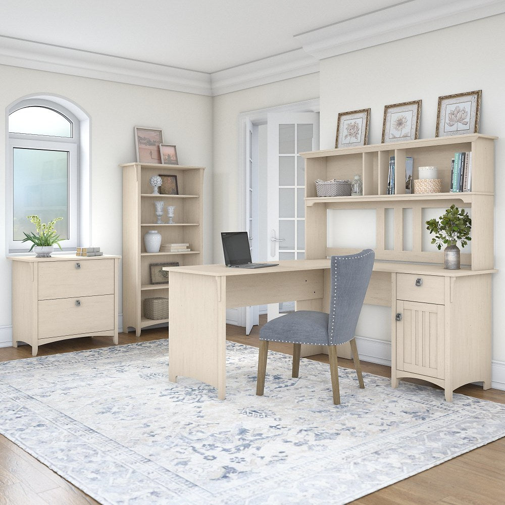 Bush Furniture Salinas 60inW L Shaped Desk with Hutch, Lateral File Cabinet and 5 Shelf Bookcase, Antique White, Standard Delivery