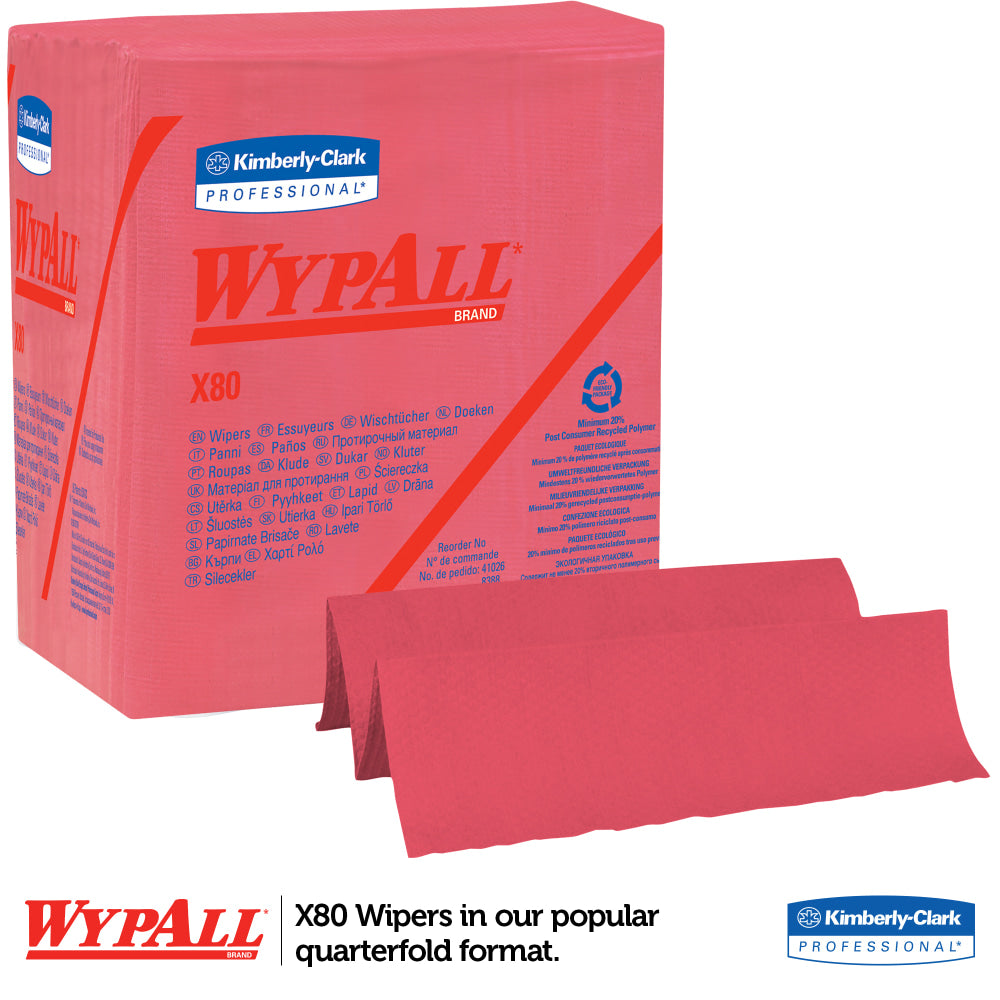 Wypall X80 Wipers, 1/4 Fold, Hydroknit, 12 1/2in x 12in, Red, Pack of 50