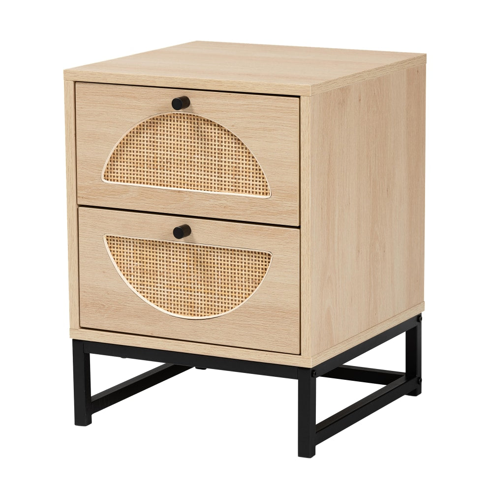 Baxton Studio Ardon 2-Drawer Nightstand With Natural Rattan, 20-15/16inH x 15-3/4inW x 15-3/4inD, Light Brown/Black